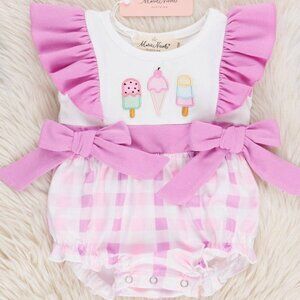 Embroidered Ice Cream Plaid Ruffle Bubble